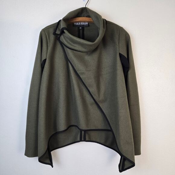 Natalia Romano Jacket Women's XS Olive Green Black Trim Asymmetrical Hem Career - Picture 10 of 12